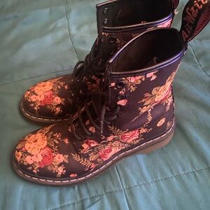 Dr. Martens Black Floral Canvas Lace-Up Combat Boots